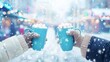 © Matoya - Two People Holding Blue Mug with Marshmallows in Snowy Cityscape