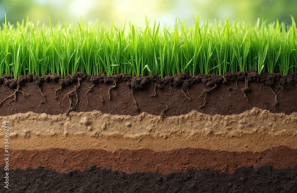 Cross section of earth showing green grass, roots, chernozem, clay ...