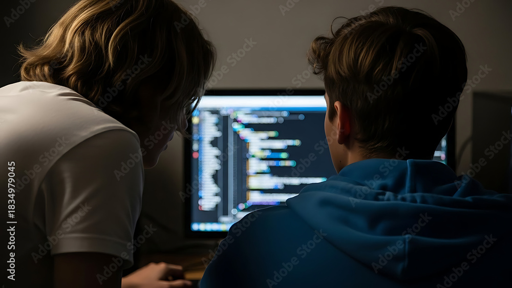 Intense collaborative coding session as two young people meticulously ...