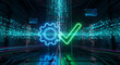 © Microstock - Digital process optimization and successful system validation. Glowing gear and checkmark icons symbolize efficiency, quality assurance, and advanced technology solution