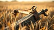 © daoxin - flail. An old, worn flail discarded in a wheat field with textured wood and leather. safety posters, maintenance manuals, designed for precision metalworking and fabrication facilities.