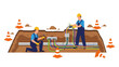 © rdyskmsh - Flat vector illustration Faceless technicians installing fiber optic cables inside a dug-out pit