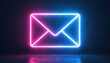 © miss irine - Neon envelope icon glows on textured wall. Blue and pink lights illuminate a modern symbol for digital communication and electronic mail. Modern tech theme.