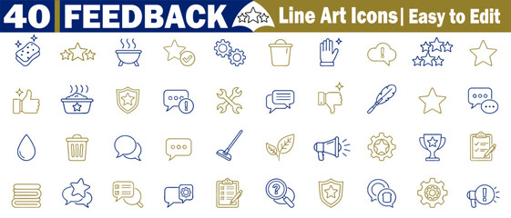  Feedback Line Art Icons Set of Satisfaction and Survey in Vector Style, Isolated illustration. 