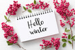 © Irina B - 2025 calendar page with elegant serif title hello winter surrounded by pink berries on white background for seasonal decor
