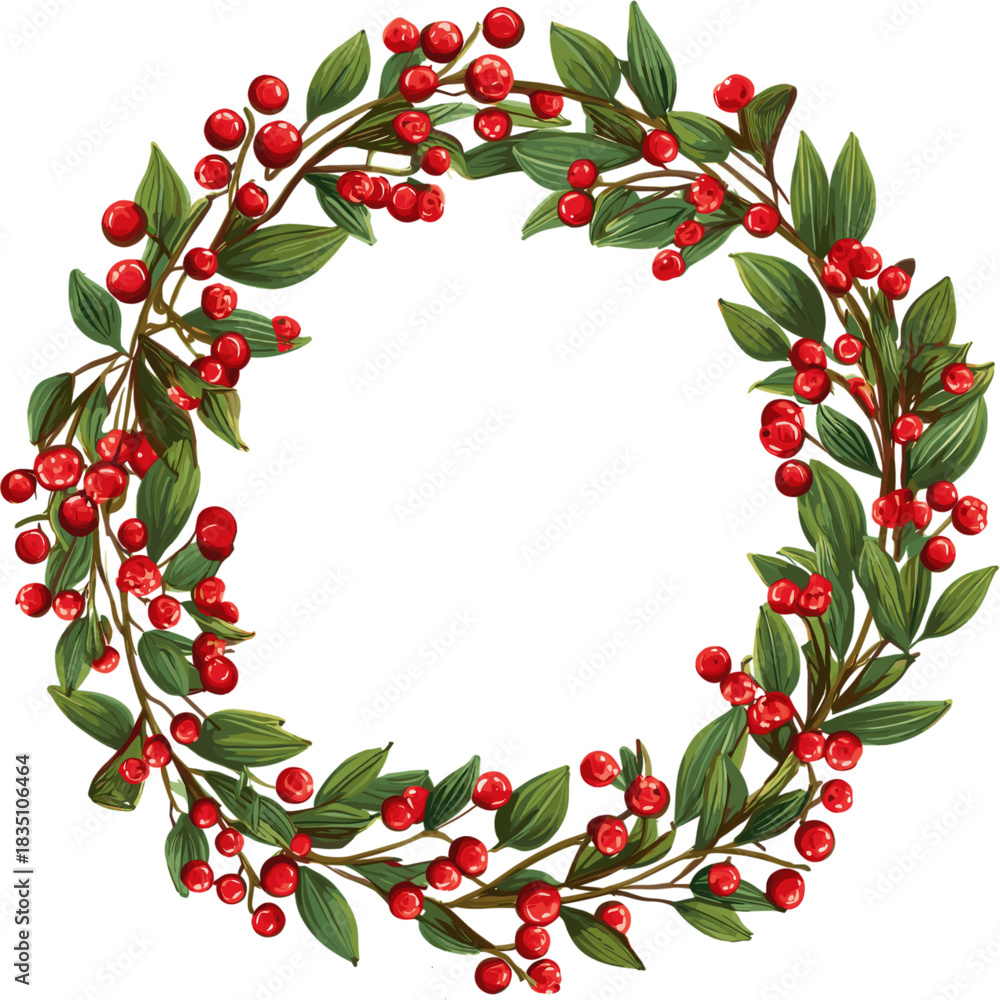Mistletoe wreath with berries isolated on a white background. Round decoration in clip art style