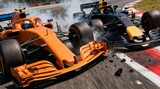 Two Formula One cars colliding on corner exit with dramatic debris and smoke. Concept of motorsport risk, safety training, racing analysis and emotional tension for technical storytelling.