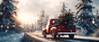 © Inai - Red vintage car on a snowy road in a winter forest.Golden sunlight illuminates the trees, creating a warm holiday atmosphere and seasonal expectation.