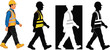 © MdAbdul - Construction Worker Walking Silhouette Set with Safety Vest, Hard Hat, Black and White Variations for Signage, Design, and Instructional Use