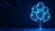 © @TrendStudio - Futuristic abstract scene featuring glowing blue wireframe balloons with digital polygons, set against a dark cosmic backdrop with small shimmering lights.
