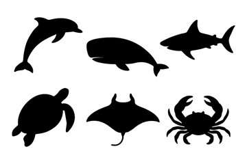  Silhouettes of ocean creatures: dolphin, shark, whale, turtle, ray, crab.
