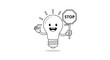 © Mimi - Cartoon light bulb character holding a stop sign and waving.