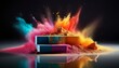 © Juana - powder explosion with block on reflective surface representing creativity lifestyle wellness healthcare and product concept