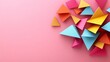© Oksana - A pink background scattered with colorful 3D geometric triangles in bright pink, yellow, blue, and orange, creating an energetic and playful corner border. Great for design, education