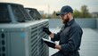 © Viktor - HVAC technician in uniform checks rooftop unit using tablet computer. Professional man wears glasses and cap. He holds device, works on air conditioner system outside building with cloudy sky.