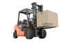 © PICSPRO - Orange forklift truck with cardboard box isolated PNG, industrial vehicle for lifting and transporting heavy loads on transparent background