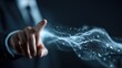© CLOVER BACKGROUND - Digital Interaction: A professional figure, exuding confidence, reaches out to a mesmerizing digital data stream, illustrating the seamless integration of technology and human interaction.