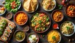 © Viktor - Diverse spread of colorful vegetarian dishes from various cultures arranged on dark wooden table. Various food items include salads, curries, grains, wraps, offering global culinary feast.