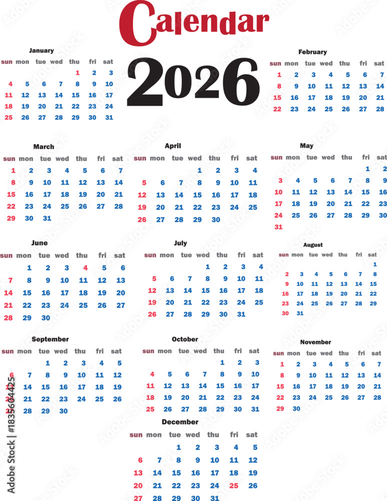 2026 Calendar With Months And Days Of The Week year Stock Vector ...