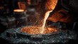 © CLOVER BACKGROUND - Molten Metal Pouring Process: A skilled artisan meticulously pours molten metal into a mold, capturing the intense heat and dynamic process of industrial craftsmanship.
