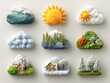 © wing - weather-themed icons arranged in a 2x3 grid. The icons depict sunny, rainy, and snowy conditions, with each icon featuring a small house or trees against a backdrop of snow and clouds.