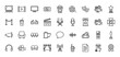 © PixeloAI - Entertainment line icon set. Vector pictograms of cinema stage, camera, movie ticket, popcorn, film reel, and spotlight, thin outline illustration.