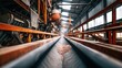 © CLOVER BACKGROUND - Industrial Conveyor Belt: A striking perspective of an industrial conveyor belt, with a rhythmic row and a long, linear perspective stretching into the distance. It show the heart of manufacturing.