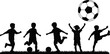 © It's Sohan Here - Children playing soccer silhouette, outdoor activity, black figures, white background, sports teamwork, energetic movement, youth play illustration