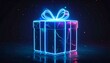 © VINA - Neon Illuminated Gift Box on Dark Background with Glowing Lines and Floating Particles