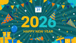 © John - Cheerful Happy New Year 2026 banner featuring party poppers, gift boxes, balloons, and a calendar icon on a festive blue background