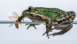 Frosch jagt Wespe an der Wasseroberfläche mit Spiegelung