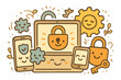 © Olha - Happy Safe Devices. Delightful doodle of happy devices, gears, and locks cooperating to ensure safe privacy settings in a cozy