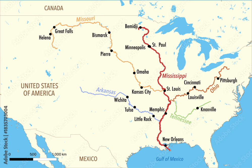 Vector de Stock Vector Map of the Mississippi River and its Major