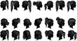 © Jisan World - Female hairstyle silhouette illustration set, diverse hair profile design, ponytail bun layered cut icon, black vector fashion beauty graphic