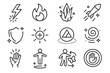 © SanyBRZ - Spellcasting Icons. Line style icons of spellcasting: lightning bolt, fireball, ice shard, magic missile; shield spell, healing