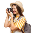 © Damir Khabirov - Side view of happy smiling young female photographer, tourist holding photo camera