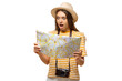 © Damir Khabirov - Surprised young tourist looking at a map with wide eyes, reacting to unexpected travel discovery
