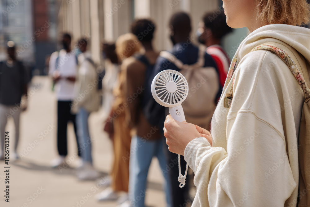 Handheld mini fan provides cool relief during summer heat as young ...
