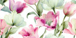 © Eli Berr - Watercolor floral pattern with lush pink and white spring tulips for textiles, fabrics, wedding stationery, and home decor.