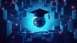 © Aleksandra - Earth floating in space wearing a graduation cap surrounded by abstract glowing blue blocks and particles, symbolizing global education and knowledge expansion