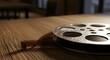 © antuanetto - Vintage film reel resting on a rustic wooden table under dramatic lighting for Sundance Film Festival concept and independent filmmaking