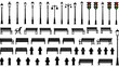 © Hesh - Urban Street Furniture Vector Silhouette Set Featuring Lamps, Benches, and Traffic Signals in Black Side View