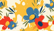 © Tejodi - 활기찬 노란색 배경 위로 파란색과 빨간색 꽃들이 자유롭게 흩뿌려진 추상적인 벡터 플로럴 패턴 디자인으로, 생동감 넘치는 봄과 여름 분위기를 연출합니다.
