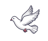 A stylized black and white dove with outstretched wings and a red ribbon in its beak isolated on transparent background