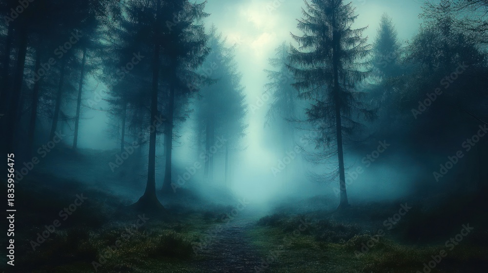 foggy forest pathway with tall pine trees creating a mysterious and ...