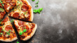 © Big - hunger. Flat lay of a freshly made pepperoni pizza with melted cheese, presented on a clean background. representing modern convenience.