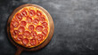 © Big - hunger. Flat lay of a freshly made pepperoni pizza with melted cheese, presented on a clean background. representing modern convenience.