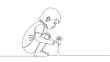 © MstAsma - One line art of  a line drawing of a child crouching down looking at a flower with a simple white background design art