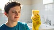 © photoplotnikov - Teen male holds sponge with displeased expression in bathroom
