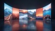 © Maryna - Large curved display panoramic mountain landscapes. Multiple screens create immersive virtual travel experience. Digital panorama presents diverse scenic views, evoking adventure, exploration.
